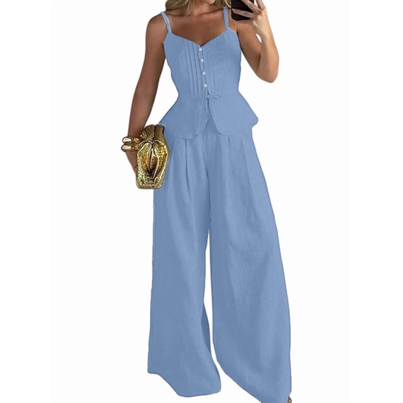 Women's 2 Piece Summer Outfit Button Down Peplum Top and Wide Leg Pants Set Blue S