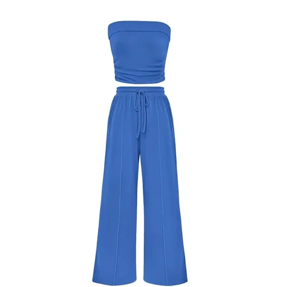 Women’s 2 Piece Summer Outfit Ribbed Knit Strapless Tube Top Wide Leg Pants Casual Matching Lounge Set