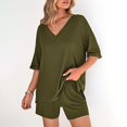 thumbnail image 1 of Women's 2 Piece Summer Outfit Set, Casual Oversized V Neck T-Shirt & High Waisted Biker Shorts, Lounge Wear Shorts Set, Workout Yoga Clothes Army Green XL, 1 of 8