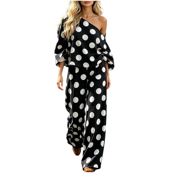 Women’s 2 Piece Summer Outfit Set off Shoulder Short Sleeve Top and Wide Leg Long Pants Lightweight Breathable Loose Fit Polka Dot Printed Set for Beach Vacation, Daily Wear Black