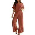 thumbnail image 1 of Women's 2 Piece Summer Outfit - Short Sleeve V Neck Crop Top + Wide Leg Pants, Polyester/Spandex, Printed, 1 of 8