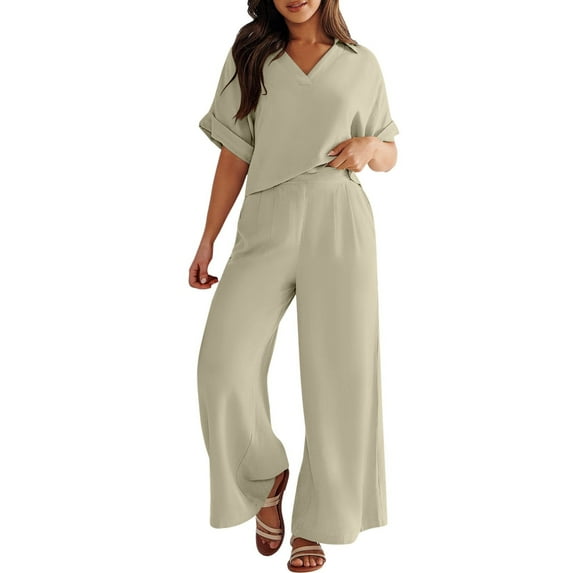 Women's 2 Piece Summer Outfit - Short Sleeve V Neck Crop Top + Wide Leg Pants, Polyester/Spandex, Printed