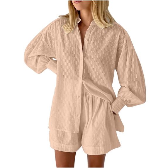 Women's 2 Piece Summer Outfits Long Sleeve Cutout Button Down Shirts Shorts Cotton Trendy Oversized Loose Lounge Set, Khaki, M