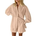thumbnail image 1 of Women's 2 Piece Summer Outfits Long Sleeve Cutout Button Down Shirts Shorts Cotton Trendy Oversized Loose Lounge Set, Khaki, XL, 1 of 7