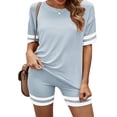 thumbnail image 1 of Women's 2 Piece Summer Tracksuit Set Short Sleeve Ruffle Top and Elasticized Drawstring Waist Shorts Blue XL, 1 of 2
