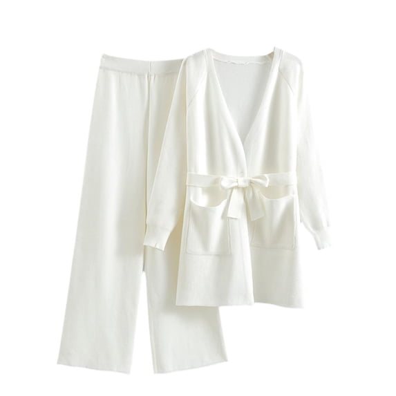 Women's 2 Piece Sweater Outfits Set with Belt Elegant Jogger Fall Clothes Comfy Long Sleeve Open Front Cardigan Wide Leg Pants Solid Color Sweater Loungewear Casual Loose White XL