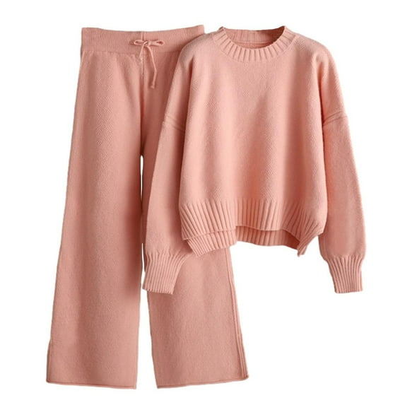 Women's 2 Piece Sweater Outfits Set Fall Clothes for Ladies Elegant Jogger Long Sleeve Crewneck Sweater Casual Loose Wide Leg High Waisted Pants Solid Color Comfy Loungewear Pink Free Size