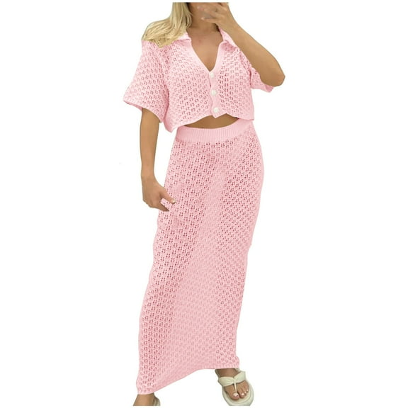 ZQUUVOU Women's 2 Piece Sweater Outfits Set Long Sleeve Crop Top Ribbed Midi Botton Down Long Skirt Knit Dresses Pink