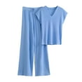 thumbnail image 1 of Women's 2 Piece Sweater Set Loungewear Outfits Knit Pullover Short Sleeve Tops High Waisted Wide Leg Pants Soft Knitted Suit Blue One Size, 1 of 3