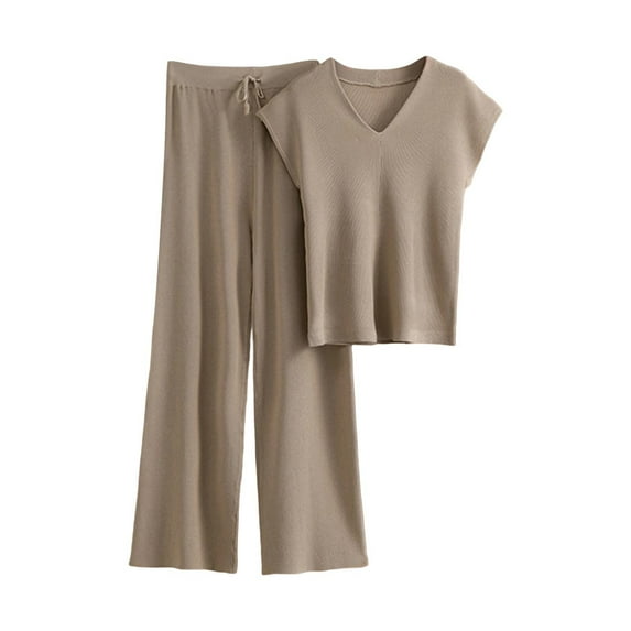 Women's 2 Piece Sweater Set Loungewear Outfits Knit Pullover Short Sleeve Tops High Waisted Wide Leg Pants Soft Knitted Suit Khaki One Size