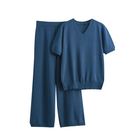 Women's 2 Piece Sweater Set Short Sleeve Knit Pullover Tops Wide Leg Pants Fall Casual Loose Outfits Tracksuits, Blue, Free Size