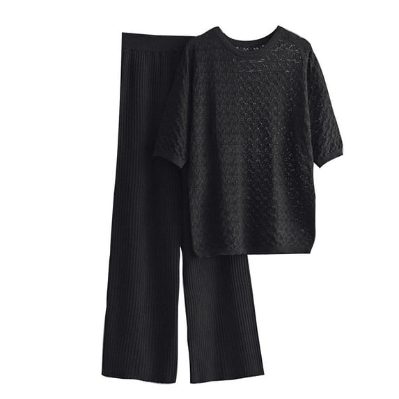 Women's 2 Piece Sweater Set Short Sleeve Knit Pullover Tops Wide Leg Pants Textured Fall Casual Loose Outfits, Black, Free Size