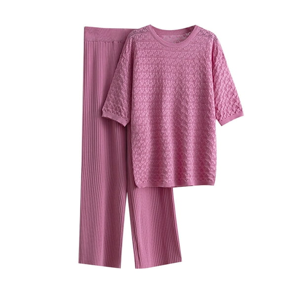 Women's 2 Piece Sweater Set Short Sleeve Knit Pullover Tops Wide Leg Pants Textured Fall Casual Loose Outfits, Pink, Free Size