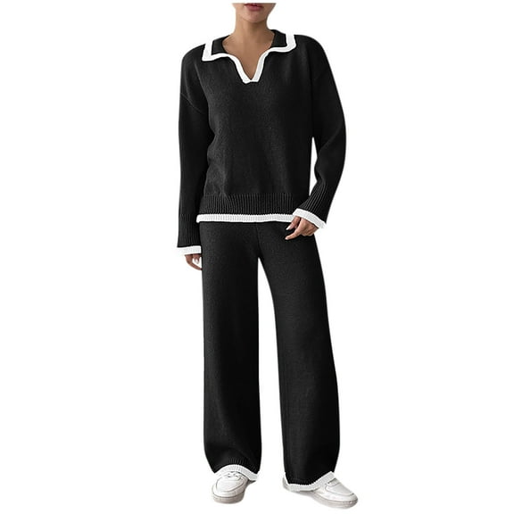 Women's 2 Piece Sweater Set V Enck Lapel Pullover Straight Leg Elastic Waist Pants Color Block Knitted Casual Loose Suit (S, Black)
