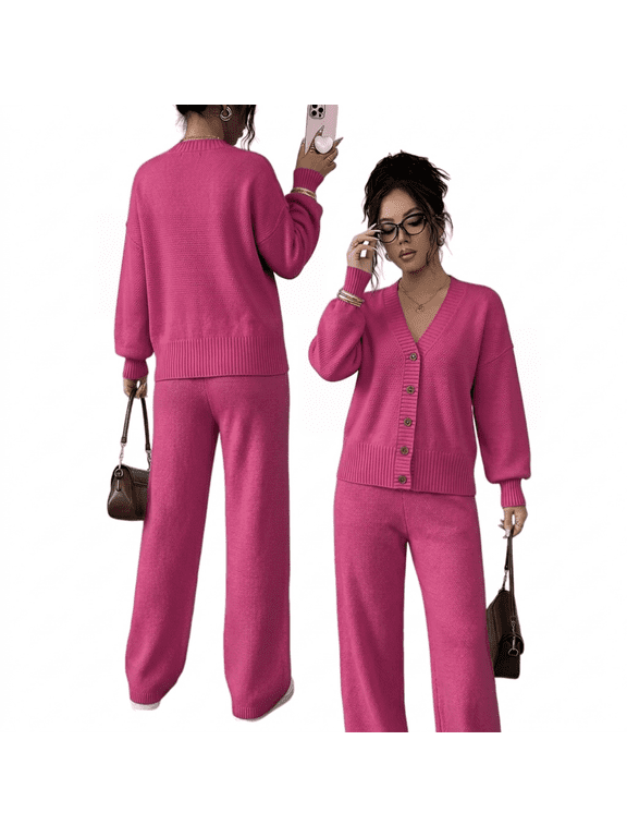 Women's 2 Piece Sweater Sets Fall Striped Long Sleeve Button Down Knit Cardigan and Wide Leg Pants Loungewear Matching Outfits