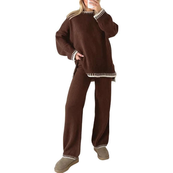 Women's 2 Piece Sweater Sets Outfits Long Sleeve Knit Pullover Tops Wide Leg Pants Lounge Sets Tracksuits