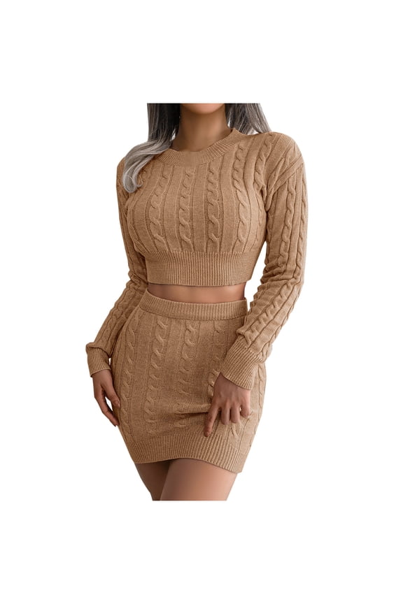 Women's 2 Piece Sweater Skirt Sets Long Sleeve Cable Knit Crop Top Pullover and High Waist Slim Mini Skirt Outfits