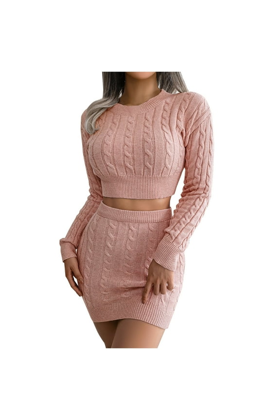 Women's 2 Piece Sweater Skirt Sets Long Sleeve Cable Knit Crop Top Pullover and High Waist Slim Mini Skirt Outfits
