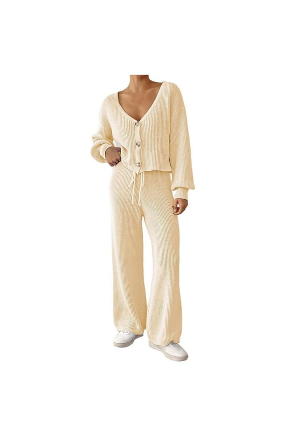 Women's 2 Piece Sweater Suit V Neck Button Down Cropped Cardigan Elastic Waist Drawstring Pants Casual Knitted Home Wear (XL, Beige)