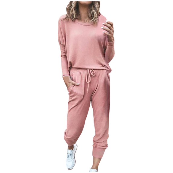 Women's 2 Piece Sweatshirt Sets Loose Long Sleeve Solid Color Casual Winter Sweatpants Tracksuit Outfit ( L )