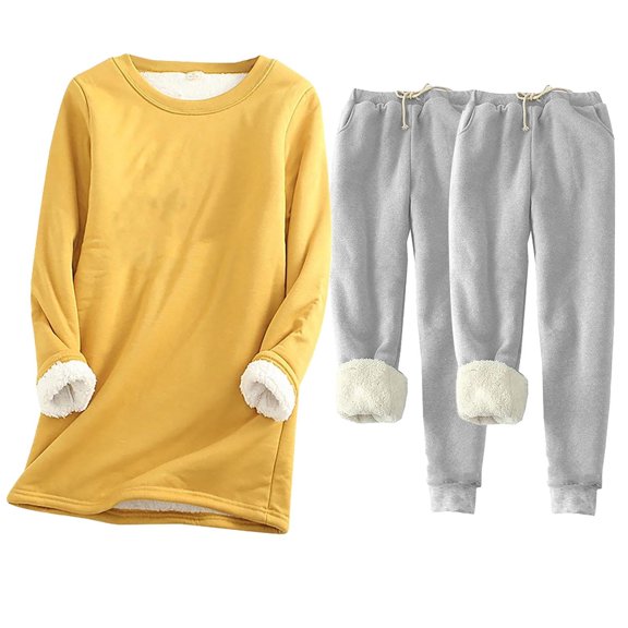 Women's 2 Piece Sweatshirt Sets Solid Crew Neck Insulation Long Sleeved Thickened Winter Yellow Sweatpants Tracksuit Outfit 3PC S-5XL