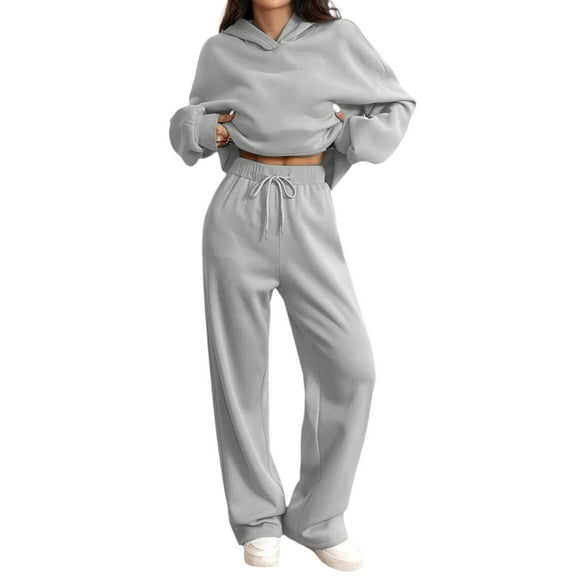 Women's 2 Piece Sweatshirt Sweatsuit Set Wide Leg Sweatpants Casual Lounge Outfit With Pockets Gray M
