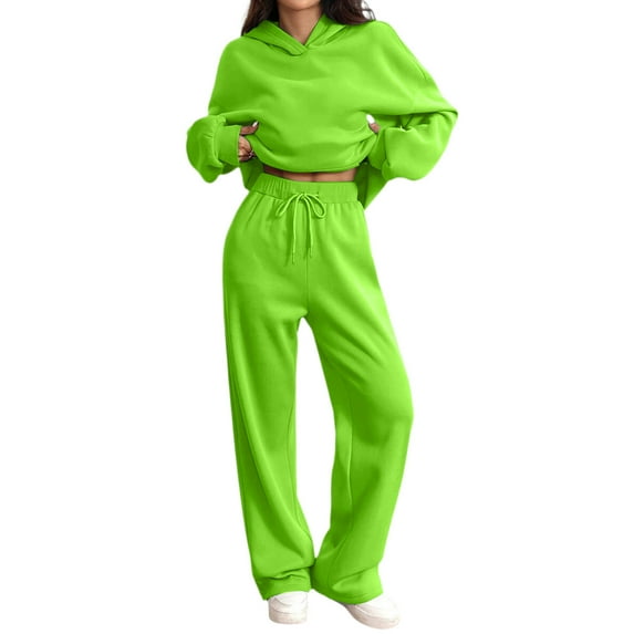 Women's 2 Piece Sweatshirt Sweatsuit Set Wide Leg Sweatpants Casual Lounge Outfit With Pockets Green 2XL