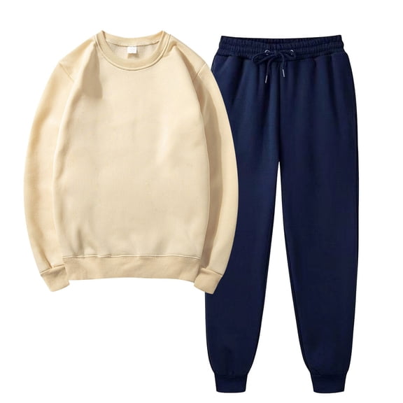 Women's 2 Piece Sweatshirts Outfits Long Sleeves Casual Solid Round Neck Pullover Sports Fall Beige Sweatsuit Winter Clothes ( S )