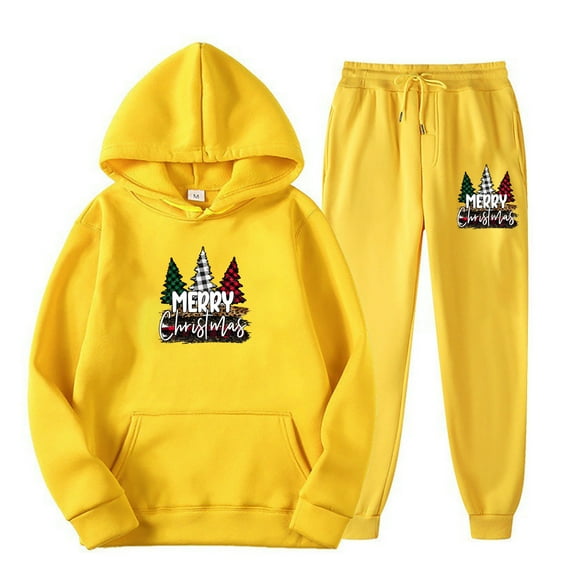 Women's 2 Piece Sweatsuit Christmas Print Casual Oversized Outfits Long Sleeve Hooded Sweatshirt Jogging Pants with Pockets, Yellow, XXXL