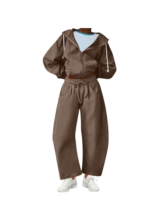Women's 2 Piece Sweatsuit Oversized Track Suit Outfits Zip-Up Hoodies Sweatshirt Barrel Sweat Pants with Pockets, M