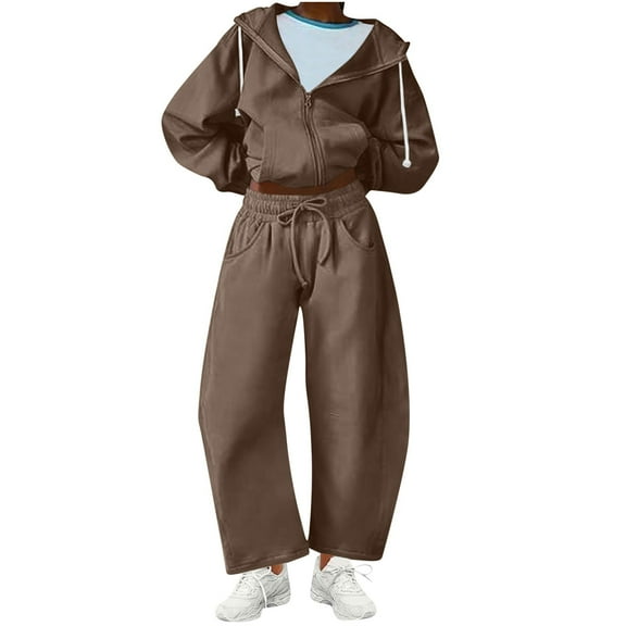 Women's 2 Piece Sweatsuit Oversized Track Suit Outfits Zip-Up Hoodies Sweatshirt Barrel Sweat Pants with Pockets, S