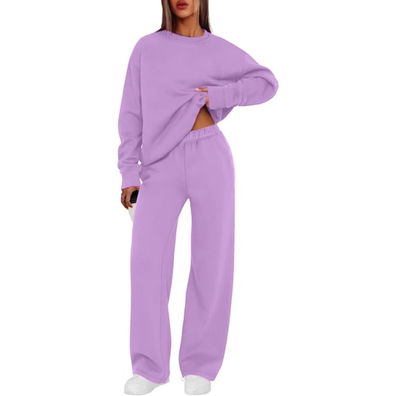 Women's 2 Piece Sweatsuit Set Crewneck Pullover and Wide Leg Pants Relaxed Casual Fall Fleece Lounge Matching Set