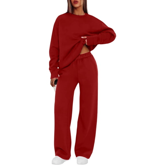 Women's 2 Piece Sweatsuit Set Crewneck Pullover and Wide Leg Pants Relaxed Casual Fall Fleece Lounge Matching Set