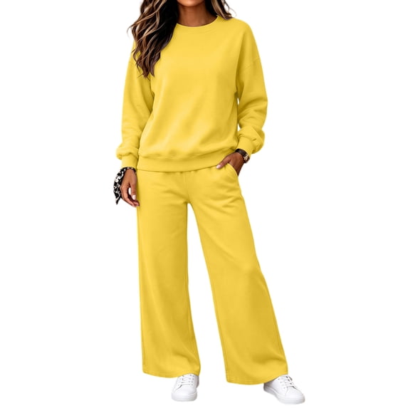 Women's 2 Piece Sweatsuit Set Crewneck Pullover and Wide Leg Pants Relaxed Casual Fall Fleece Lounge Outfit Set