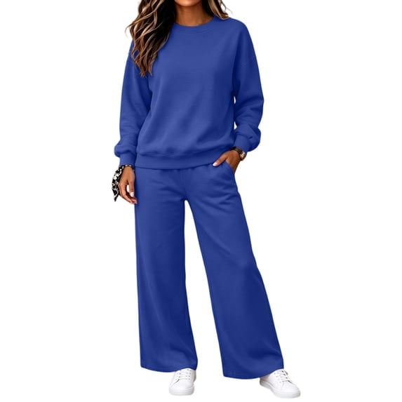 Women's 2 Piece Sweatsuit Set Crewneck Pullover and Wide Leg Pants Relaxed Casual Fall Fleece Lounge Outfit Set