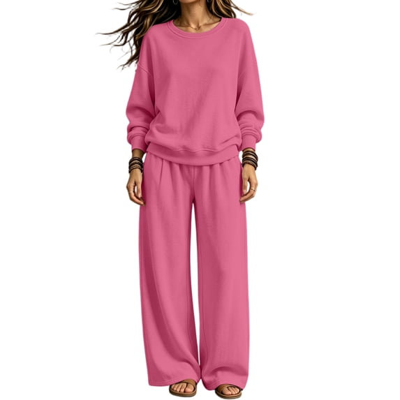 Women's 2 Piece Sweatsuit Set Crewneck Sweatshirt and Wide Leg Pants Relaxed Casual Fleece Lounge Matching Set