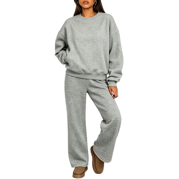 Women's 2 Piece Sweatsuit Set Crewneck Sweatshirt and Wide Leg Pants Relaxed Casual Fleece Travel Lounge Set