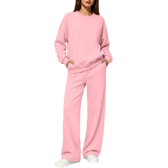 Women's 2 Piece Sweatsuit Set Crewneck Sweatshirt with Front Pocket and Wide Leg Pants Casual Fleece Lounge Set