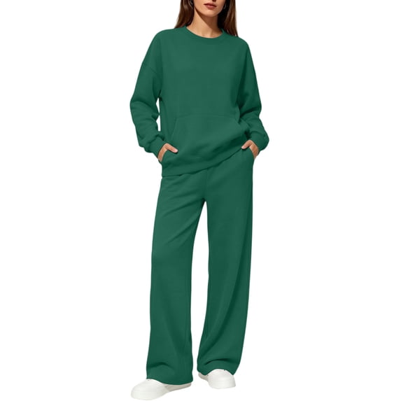 Women's 2 Piece Sweatsuit Set Crewneck Sweatshirt with Front Pocket and Wide Leg Pants Casual Fleece Lounge Set