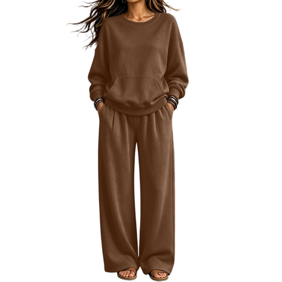 Women's 2 Piece Sweatsuit Set Crewneck Sweatshirt with Kangaroo Pocket and Wide Leg Pants Casual Fleece Lounge Set