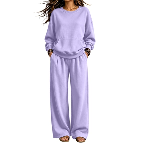 Women's 2 Piece Sweatsuit Set Crewneck Sweatshirt with Kangaroo Pocket and Wide Leg Pants Casual Fleece Lounge Set