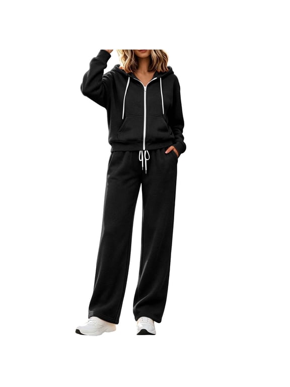 Women's 2‑Piece Sweatsuit Set, Full Zip Drawstring Hoodie With Kangaroo Pocket and Drawstring‑Waist Wide Leg Sweatpants for Fall Winter Daily Wear Black XXL