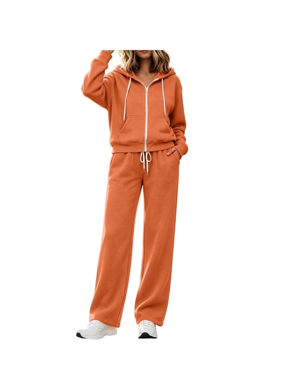Women's 2‑Piece Sweatsuit Set, Full Zip Drawstring Hoodie With Kangaroo Pocket and Drawstring‑Waist Wide Leg Sweatpants for Fall Winter Daily Wear Orange S