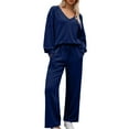 thumbnail image 1 of Women's 2 Piece Sweatsuit Set Long Sleeve Solid Color V-Neck Sweatshirt and Wide Leg Sweatpants Fall Fashion Clothes Airport Travel Pants Tracksuits, 1 of 7