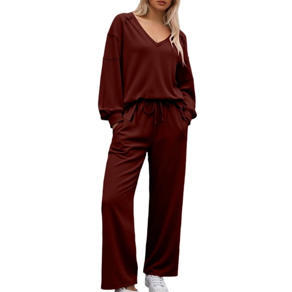 Women's 2 Piece Sweatsuit Set Long Sleeve Solid Color V-Neck Sweatshirt and Wide Leg Sweatpants Fall Fashion Clothes Airport Travel Pants Tracksuits