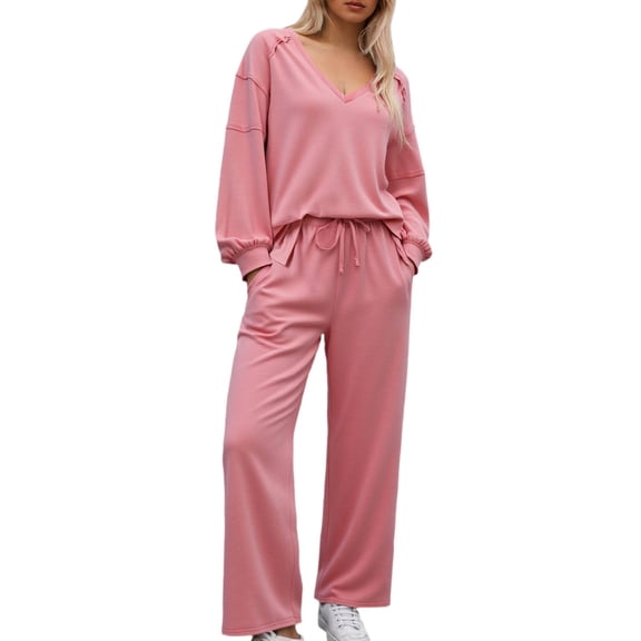Women's 2 Piece Sweatsuit Set Long Sleeve Solid Color V-Neck Sweatshirt and Wide Leg Sweatpants Fall Fashion Clothes Airport Travel Pants Tracksuits