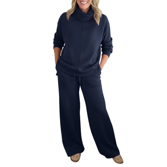 Women's 2 Piece Sweatsuit Set - Long Sleeve Turtleneck Wide Leg Sweatpants with Pockets