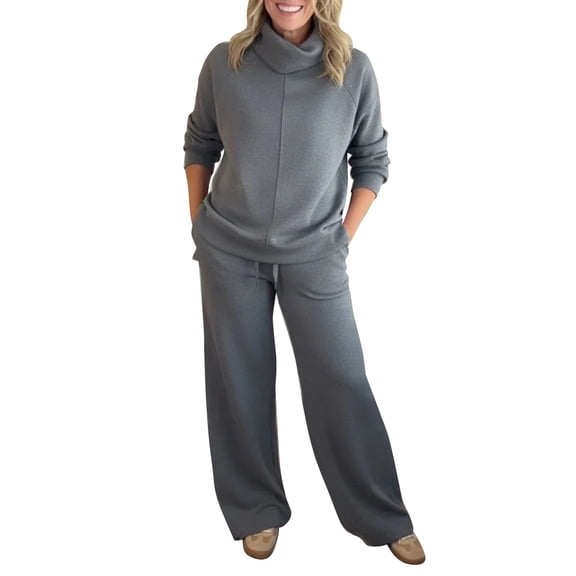 Women's 2 Piece Sweatsuit Set - Long Sleeve Turtleneck Wide Leg Sweatpants with Pockets