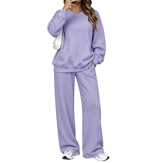 Women's 2 Piece Sweatsuit Set Oversized Crewneck Sweatshirt and Wide Leg Pants, Casual Fall Travel Lounge Outfit with Front Pocket Matching Lounge Set, S