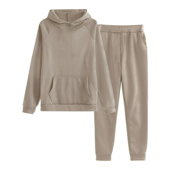Women's 2 Piece Sweatsuit Set Solid Hooded Pullover Sweatshirts Casual Loose Jogger Sweatpants with Pockets (S, Khaki)